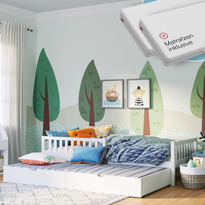 Ліжко дитяче Bellabino Vils 90x200 см – ліжко для малюків з бортиками, ламелі, Монтессорі, з масиву сосни, біле, для хлопчиків та дівчаток, з місцем для зберігання, з гостьовим ліжком, з матрацом