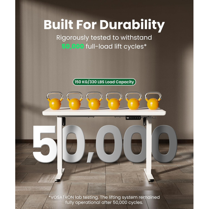 Електричний стіл з регулюванням висоти, білий. Стільниця з USB-C, пам'ять, 2 гачки. Міцний, з двома моторами