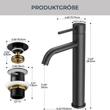 Змішувач для ванної кімнати FORIOUS з набором для зливу, чорний матовий, висота виливу 190 мм, однорідний змішувач для раковини