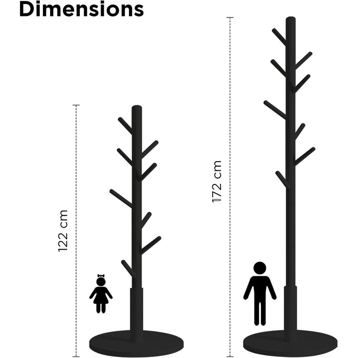 Дерев'яний вішак для одягу Edihome з 8 гачками, 172 x 38 x 38 см, для передпокою, коридору або спальні (Чорний)