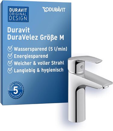Водозберігаючий змішувач для умивальника Duravit DuraVelez, розмір (висота виливу 106 ), енергозберігаючий змішувач для умивальника (FreshStart), змішувач для ванної кімнати з виливом, хром (без виливу/енергозберігаючий, M)