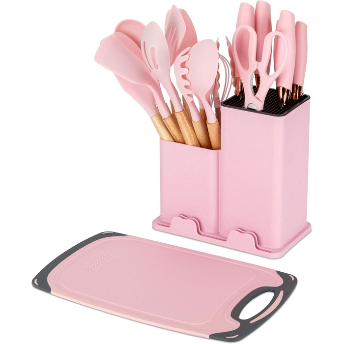 Набір кухонних ножів EliteHoff 19 предметів: 5 ножів, 12 аксесуарів, дошка та підставка – з нержавіючої сталі, з дерев'яними ручками, безпечний, для кухні, чорний (E-6072)