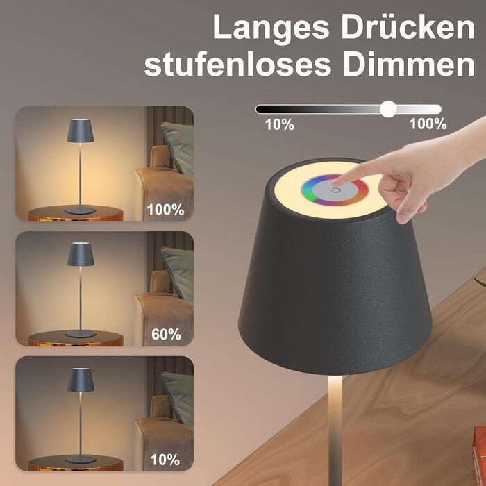 LED настільна лампа MALUX бездротова, торшера з торканням, диммування, тепле біле світло 2700K-4000K, металева, акумуляторна, вологостійка IP54, для саду, їдальні, спальні, робочого кабінету, балкону, готелю (темно-сірий), (сірий) 1 шт.