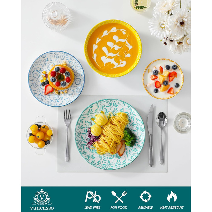 Набір посуду Vancasso Selene для 6 осіб, 24 елементи: тарілки, супові тарілки, миски, десертні тарілки. Пастельне порцелянове покриття, підходить для мікрохвильової печі.