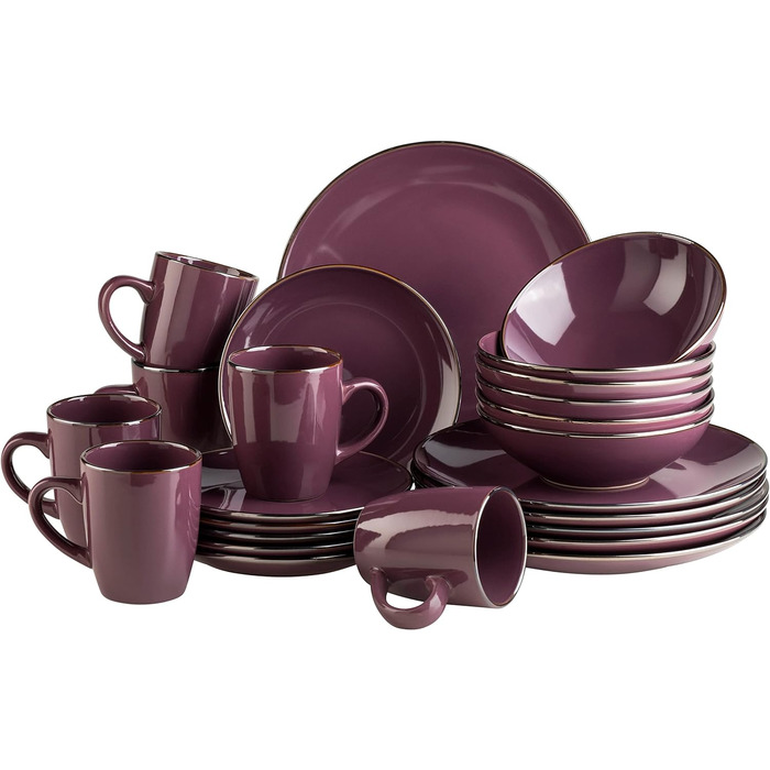 Сучасний набір посуду на 6 персон з латунним обідком, комбінований набір з 24 предметів купе форма без обідка, керамограніт, фіолетовий 24 предмети фіолетовий