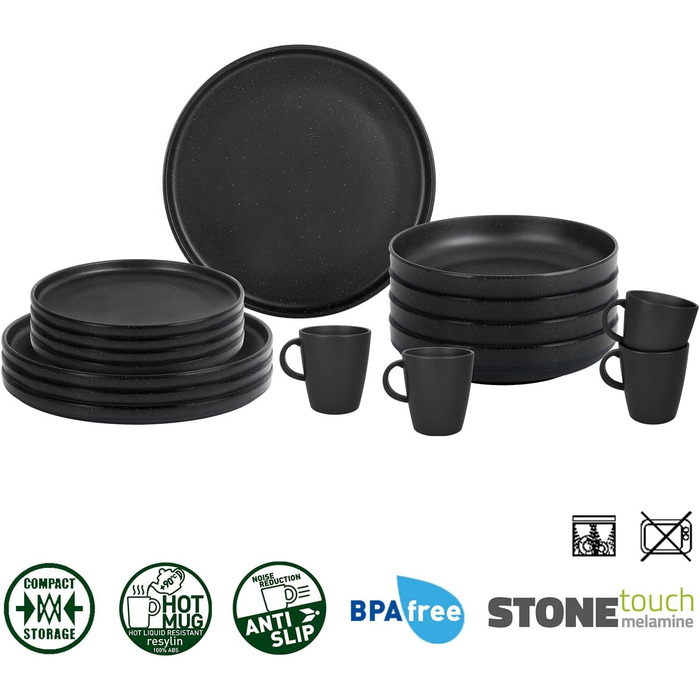 Набір посуду BRUNNER Melamin 16 предметів: тарілки та чашки для кемпінгу (2-4 особи) + ланч-бокс ODETTE, стекований, стійкий до подряпин