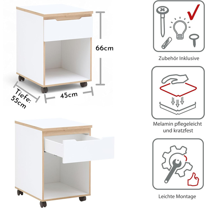 Роликовий контейнер Stella Trading Memphis для офісу - білий/декор Artisan Eiche, 45x66x55 см