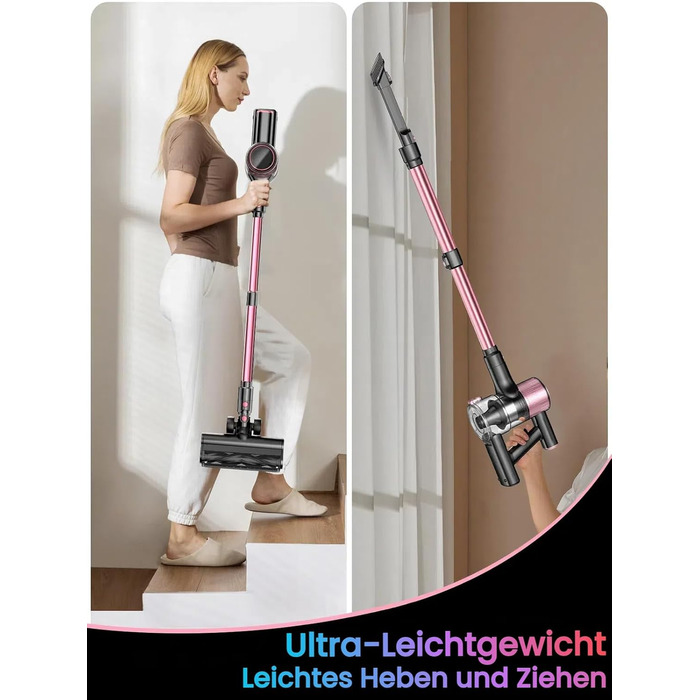 Бездротовий акумуляторний пилосос 45000Pa/500W/45хв з LED дисплеєм та антизаплутана насадка, висувний шланг 73см для твердих поверхонь, килимів та шерсті тварин, рожевий