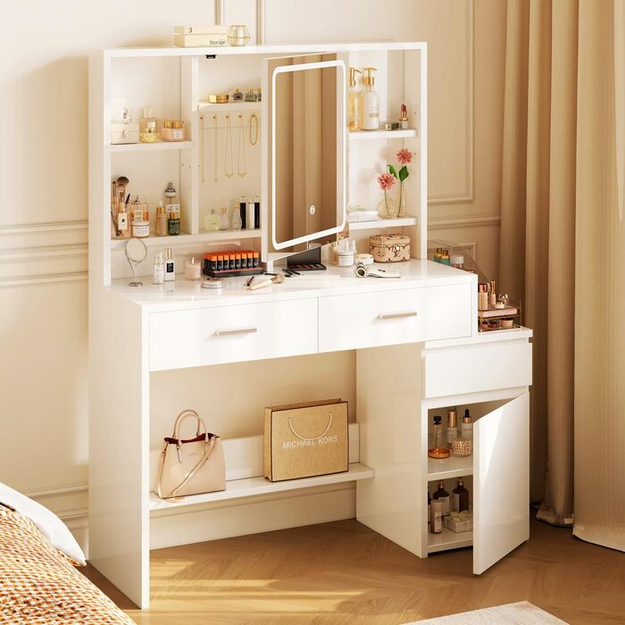 Дзеркальний туалетний столик JUMMICO з LED-підсвічуванням (3 режими яскравості, 3 колірні температури), великий комод з 6 відділеннями, 2 ящиками, бічною шафкою та полицею, 117x40x140 см, білий