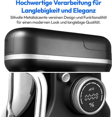 Кухонна машина MEDION MD18430: 3 в 1 (міксер, м'ясорубка, кухонний комбайн), 5 л чаша з нержавіючої сталі, 1200 Вт, цифровий дисплей, чорний