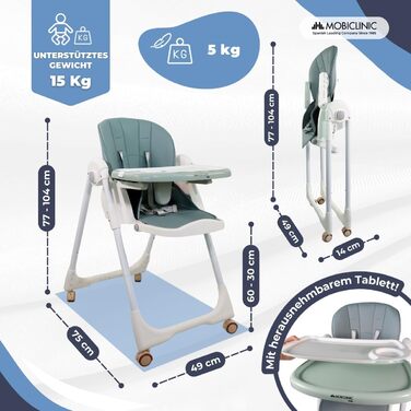 Дитячий стільчик Mobiclinic® Kids, Simba, з регульованою висотою, складаний, з підносом, зелений, для дітей