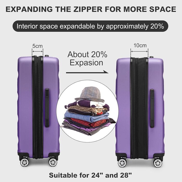 KONO Чемодан-валіза ручної поклажі, 55x35x22 см, 3 шт. (фіолетовий) з TSA-замком та подвійними коліщатками для подорожей та бізнесу