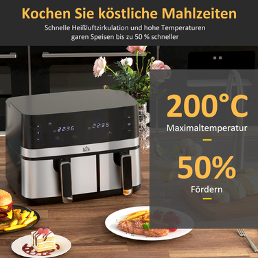 Фритюрниця HOMCOM з гарячим повітрям, 2700 Вт, 8 режимів, 41,8 см x 39,2 см x 31,1 см, Чорний + Сріблястий