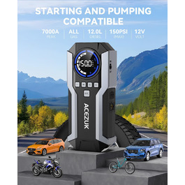 Портативний пусковий пристрій Starthilfe Powerbank з компресором 150PSI, 12V, для автомобілів (бензин/дизель до 12L), LED-ліхтарик, 6000A