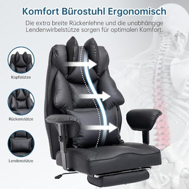 Офісний крісло Asukale Ergonomic 200kg з підніжкою, поперековою подушкою та широким сидінням, регульоване по висоті, імітація замші (чорний)