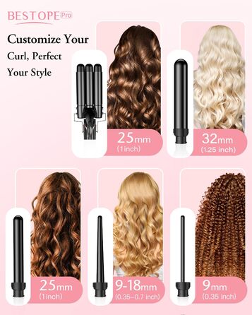 BESTOPE PRO Локкенстаб: Набір для завивки волосся 5-в-1 з 3 насадками, регулюванням температури, швидким нагрівом та рукавичкою. Рожеве золото (Чорний)