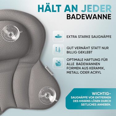 Подушка для ванни XXL преміум-якість сірого кольору | Додаткові подушки для шиї та плечей | Швидковисихаюча, пральна подушка для ванни з 4 великими присосками | Подушка для ванни XX-Large сіра