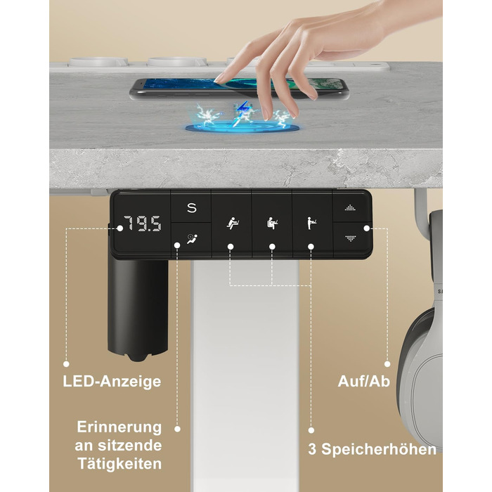 DEVOKO Стол для роботи з регулюванням висоти 140 x 70 см з розеткою, бездротовою зарядкою та USB – Електричний стіл для комп'ютера з функцією пам'яті та кабельною організацією – Ідеально для геймінгу та офісу, сірий 140 x 70 см