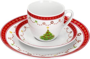 MamboCat Кавовий сервіс на 6 осіб (18 предметів) з різдвяним декором | 6 чашок 190 мл, 6 підставок, 6 тарілок | Фарфор, для святкування Різдва та Миколая