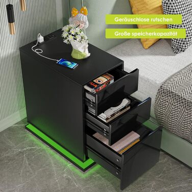 Вузька чорна тумба приліжкова з розеткою, USB, LED-підсвіткою 16 кольорів, 3 шухлядами, 50x30x63 см для спальні, сучасна