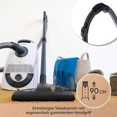 Пилсос Hoogo B3+ з мішком | Пилсос для підлоги | Потужний, з HEPA-фільтром, 850 Вт, радіус дії 11 м, тихий (74 дБ), об'єм пилозбірника 3 л, з набором насадок, білий, з кабелем