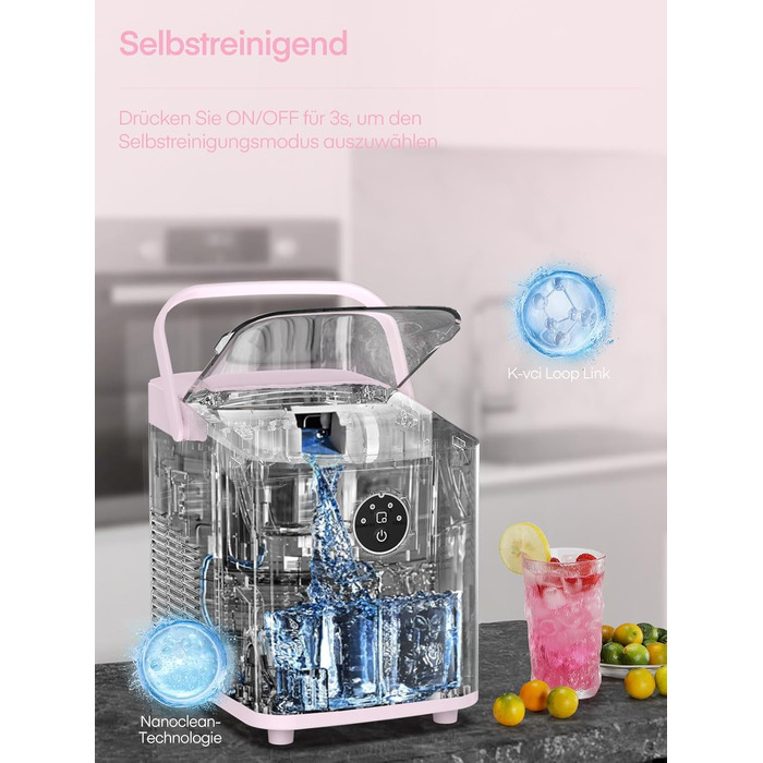 Льодогенератор Fohere 14 кг/24 год, рожевий: швидке виробництво льоду (5 хв), 2 розміри кулеподібного льоду, самоочищення, з ручкою та лопаткою для льоду