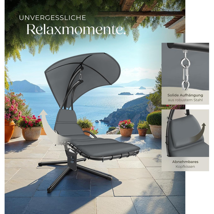 Тектейк® гамак з каркасом, гамак-крісло, гамак з сонцезахистом, гамак-шезлонг, гамак-гойдалка з сумкою, подушкою для голови, для саду, тераси та балкону - сірий