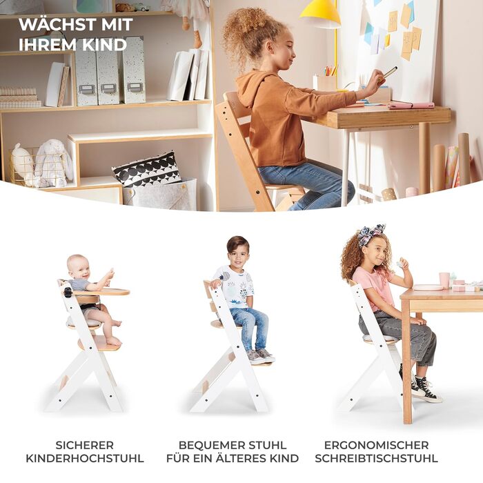 Дитячий стільчик Kinderkraft ENOCK 3 в 1: дерев'яний, регульована спинка, для дітей від 6 місяців до 10 років, сірий