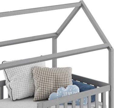 Ліжко IDIMEX house NUNA з масиву сосни, ліжко Монтессорі 90 х 200 см із захистом від падіння, ігрове ліжко з висувними ящиками, сучасне дитяче ліжко з дахом (сірий)
