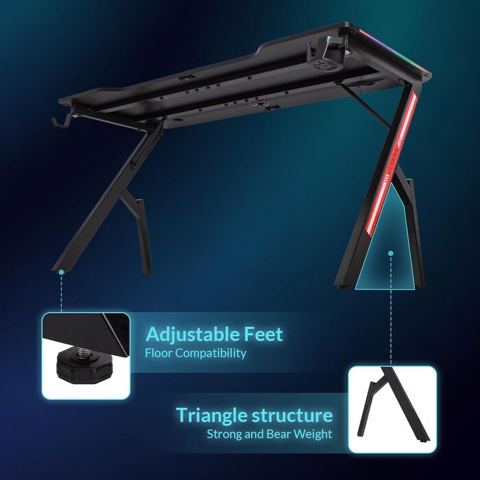 Ігровий стіл Todeco 160x60 см з LED підсвічуванням, з поверхнею з карбону, тримач для навушників та підсклянник, ергономічний ігровий стіл для ПК