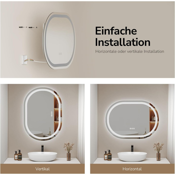 Дзеркало для ванної кімнати EMKE з підсвічуванням 50x90 см овальне, сенсорне керування, 3 кольори світла, регулювання яскравості, антизапарник, функція пам'яті, автовимкнення через 3 години