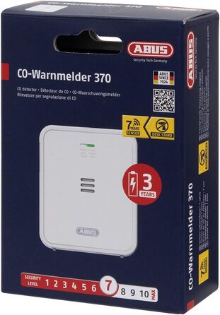 Детектор чадного газу ABUS COWM370 - датчик CO з 7-річним сенсором, гучний сигнал 85 дБ, кнопка тестування та 3 роки роботи від батареї - білий, 1 шт., без дисплея