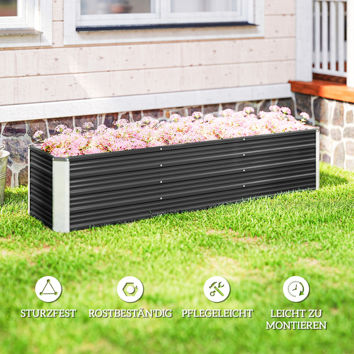 Підвищене грядка зі сталі, садова грядка, ящик для рослин, ящик для квітів, квітковий горщик з рукавичками. Сірий колір, розміри 183 x 47 x 40 см.