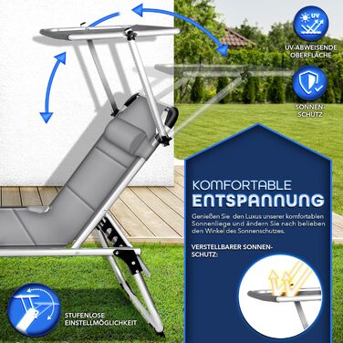 Сонячне ліжко Tillvex® з дахом та подушкою для голови | Садовий лежак, розкладний | Пляжний лежак з регульованою спинкою | Алюмінієве ліжко (з преміум-подушкою), сірий