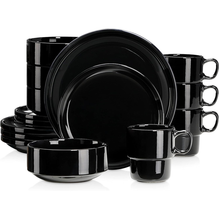 Порцеляновий столовий сервіз LOVECASA, комбінований сервіз із 16 предметів, набір столового посуду на 4 особи Обідні тарілки, чашки, десертні тарілки та миски, чорний чорний обідній сервіз із 16 предметів