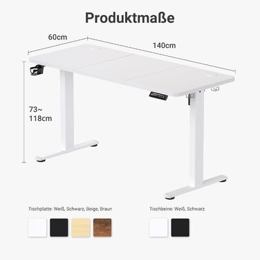 Регульований стіл з USB-C зарядкою 140 x 60 см, пам'ять, електричний, стабільний, стоп-стіл, регульований комп'ютерний стіл (білий, 140 x 60 см)