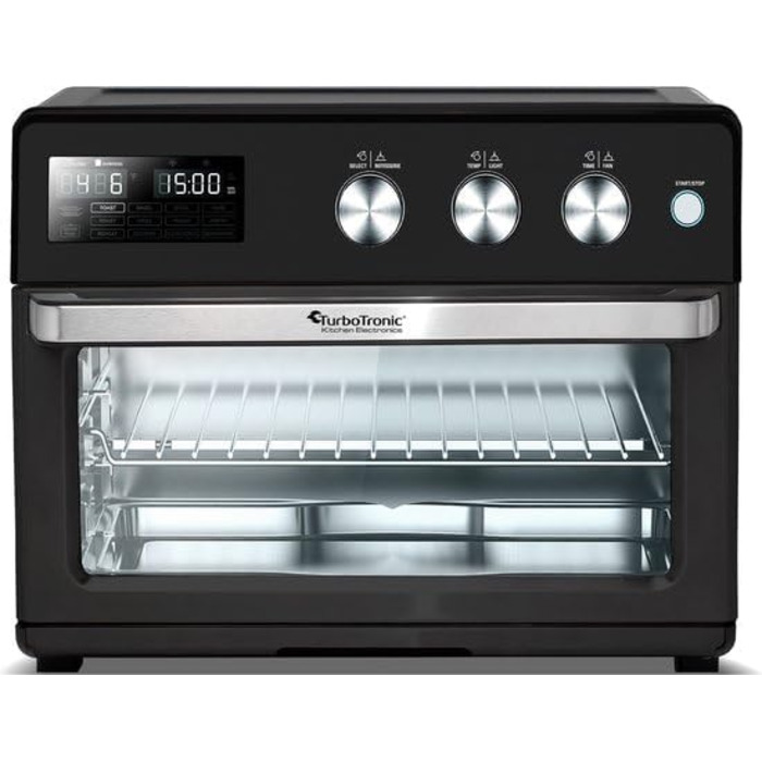 TurboTronic Цифровий Конвекційний Духовий Шовкопряд - XXL 32 літри з поворотним шампуром для курки 5 в 1 Міні-духовка, сушарка та фритюрниця Airfryer від 25°C (Чорний)