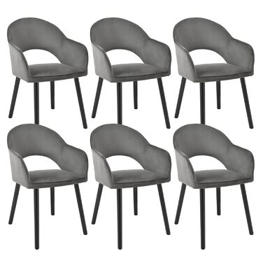 Набір обідніх стільців для кухні та вітальні (6 шт.) з підлокітниками, м'яке сидіння, поліестер, дерево, темно-сірий, чорний
