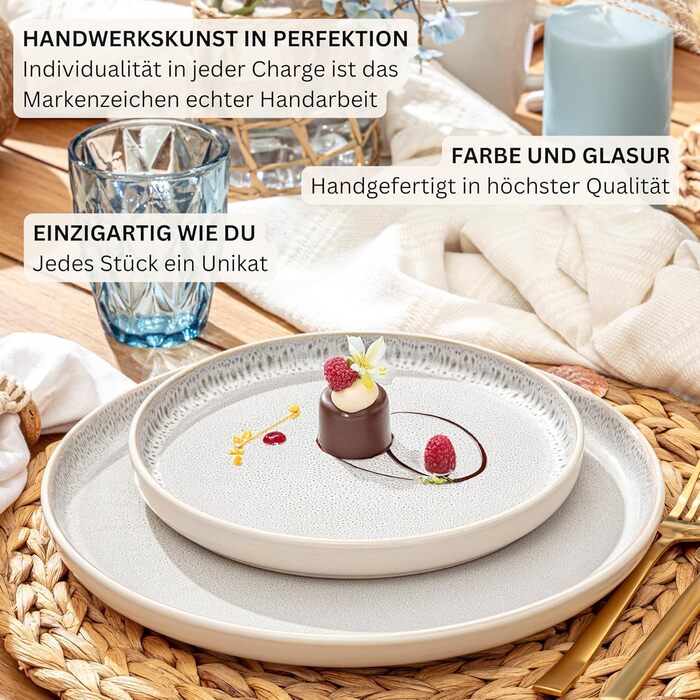 Набір посуду SÄNGER Kreta 24 частини: 6 тарілок, 6 тарілок для сніданку, 6 глибоких тарілок, 6 паста-мисок, блакитний з кремовим, Steingut (стейнгут)