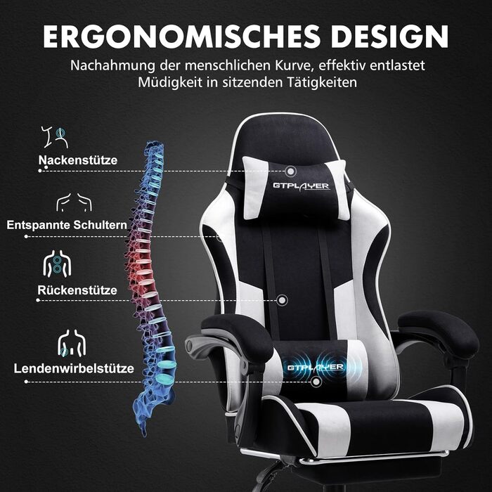 Ігровий крісло GTPLAYER з підніжкою та масажем, білий, тканинний