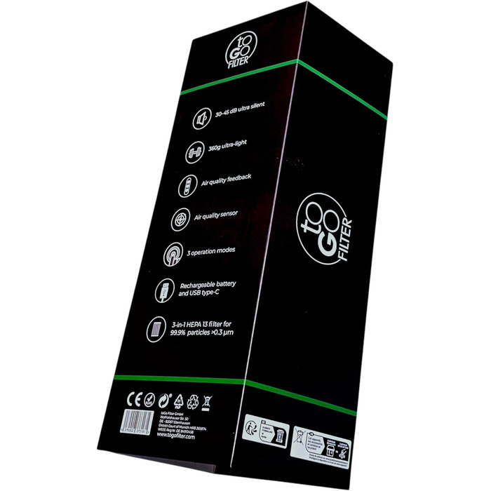 Портативний очисник повітря toGo Filter з акумулятором, компактний, для подорожей, авто, офісу. HEPA 13 фільтр, активне вугілля, для алергіків та астматиків, 15㎡