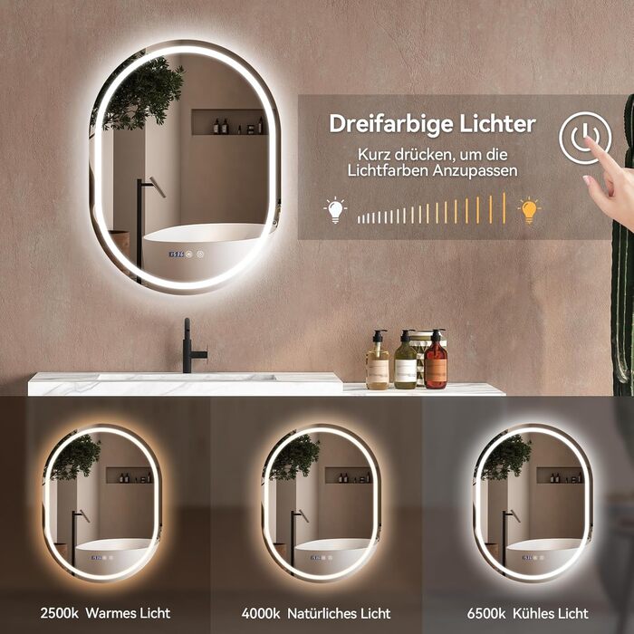 Дзеркало для ванної кімнати YOURLITE з підсвічуванням, кругле, 60 см, LED, 3 кольори, диммування, сенсорне управління, антизапар, пам'ять, IP44, овальне