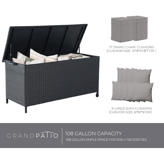 Ящик для зберігання садовий плетений Grand Patio 480л з кришкою, газліфтом, колесами, чорний