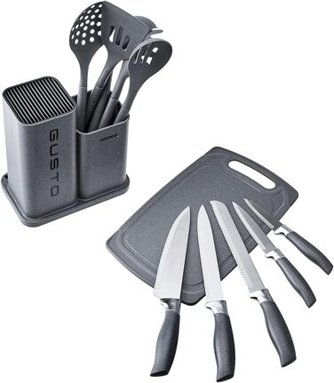 Набір ножів Karaca Gusto 12 предметів з обробною дошкою та кухонними аксесуарами (сірий)