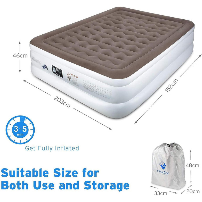 Надувне ліжко Etekcity EAM-ET2/EAM-DQE1: односпальне, для кемпінгу, 203x152x46 см, біле/коричневе