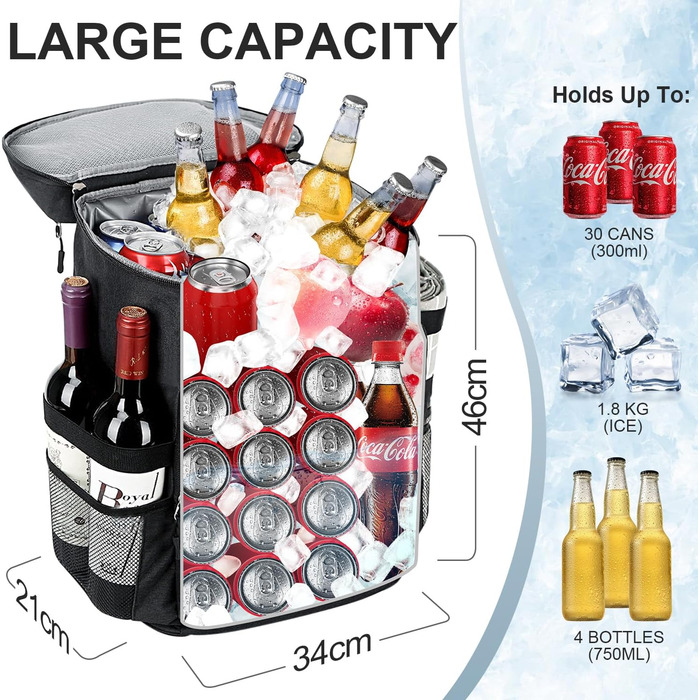 Рюкзак-холодильник Estarer 35L: водонепроникний, з відкривачем для пляшок, для кемпінгу, пікніків та пляжу (Чорний)