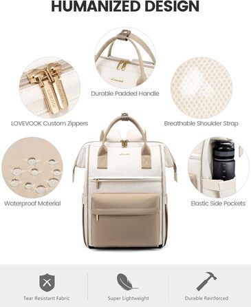 Сумка-рюкзак LOVEVOOK для жінок, 15.6 дюймів, для ноутбука, подорожей, роботи, школи, універу, офісу, водонепроникна, елегантна, бежева