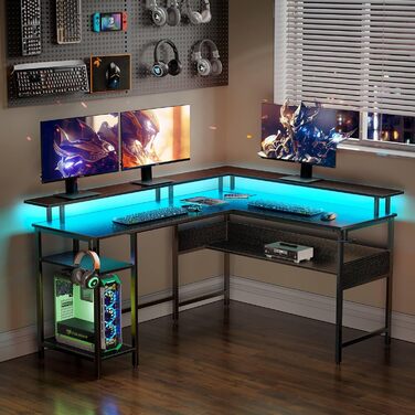 Ігровий стіл Rolanstar L-подібної форми з LED-підсвічуванням та розетками, стіл для геймінгу з підставкою для монітора та полицею, кутовий стіл з 2 гачками, великий комп'ютерний стіл, що змінює положення, для офісу (Vintage, 137 x 108 см) (Чорний)