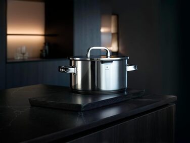 Каструля WMF Function 4 Stielkasserolle 16 см з кришкою з термоскла, 1,4 л, для індукційних плит, Cromargan® нержавіюча сталь, 4 функції зливу, внутрішня мірка, срібна