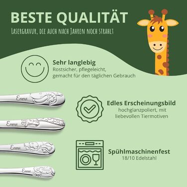 Дитячий набір столових приборів Kuppels з гравіюванням імені – набір столових приборів для дітей від 3 років, 4 шт., нержавіюча сталь, придатний для миття в посудомийній машині – персоналізований хрестильний подарунок для дівчаток та хлопчиків (з зображен